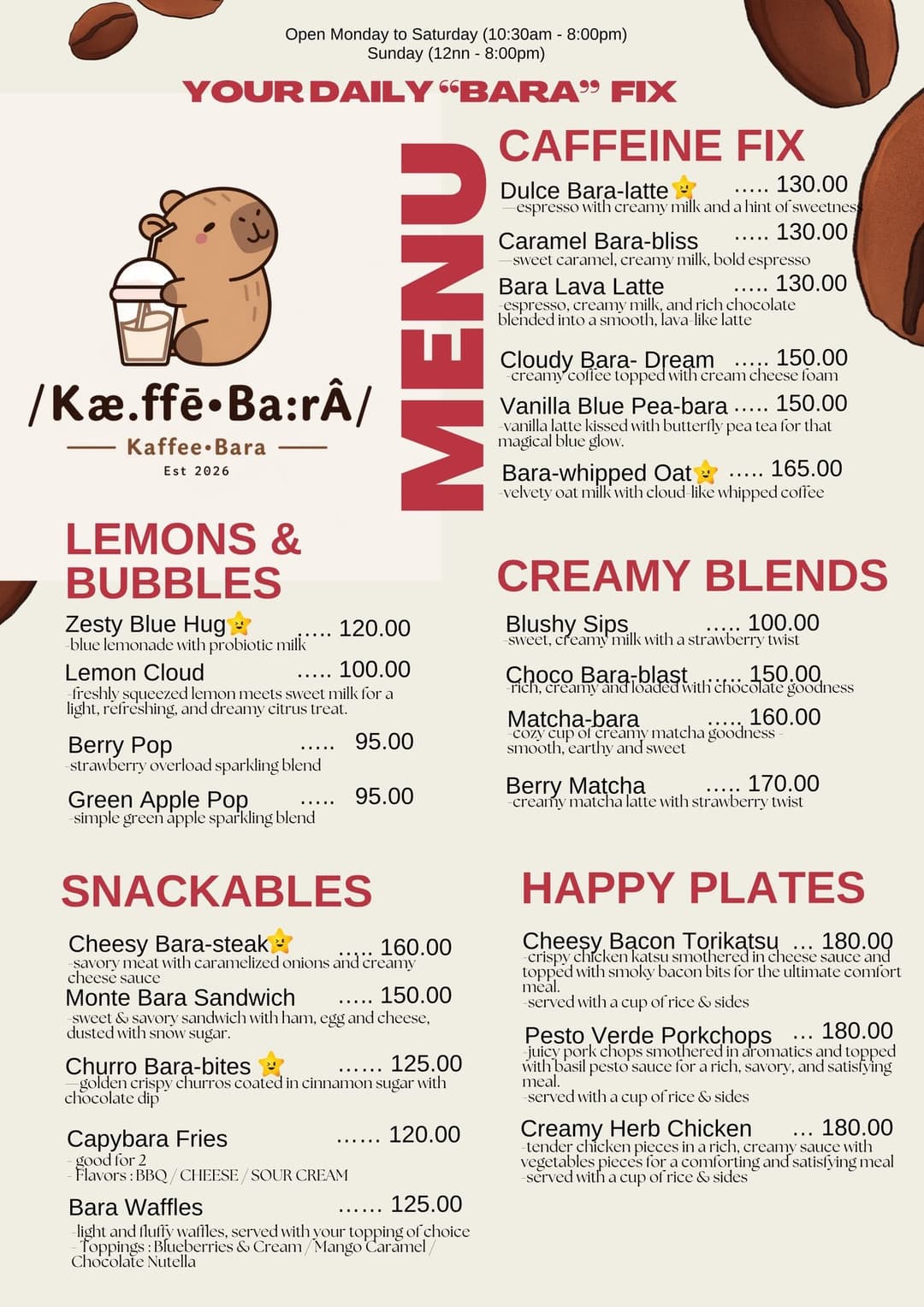 Full Kaffe Bara menu